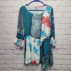 Paris Mixed Media Hippie Boho Tunic Top Sz L Lined Patchwork‎ Fairycore Festival